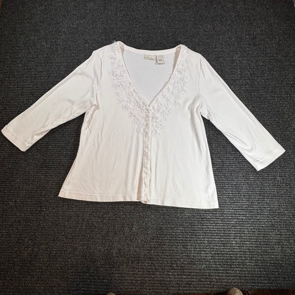 Kim Rogers Womens White Cotton Floral Applique V-Neck Cardigan Sweater‎ Large